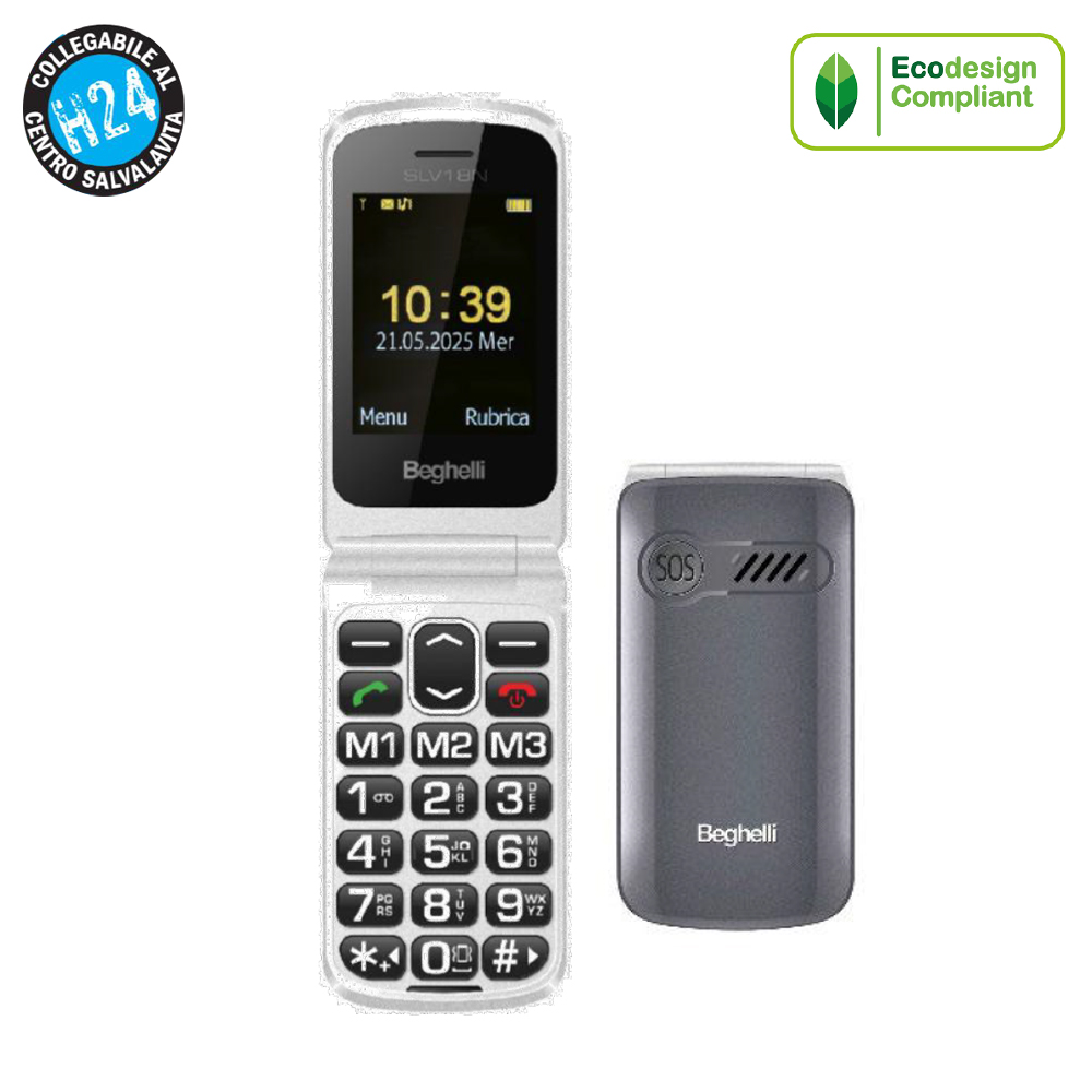 Cellulare flip a conchiglia senior BEGHELLI SLV18, tasto SOS - colore gray