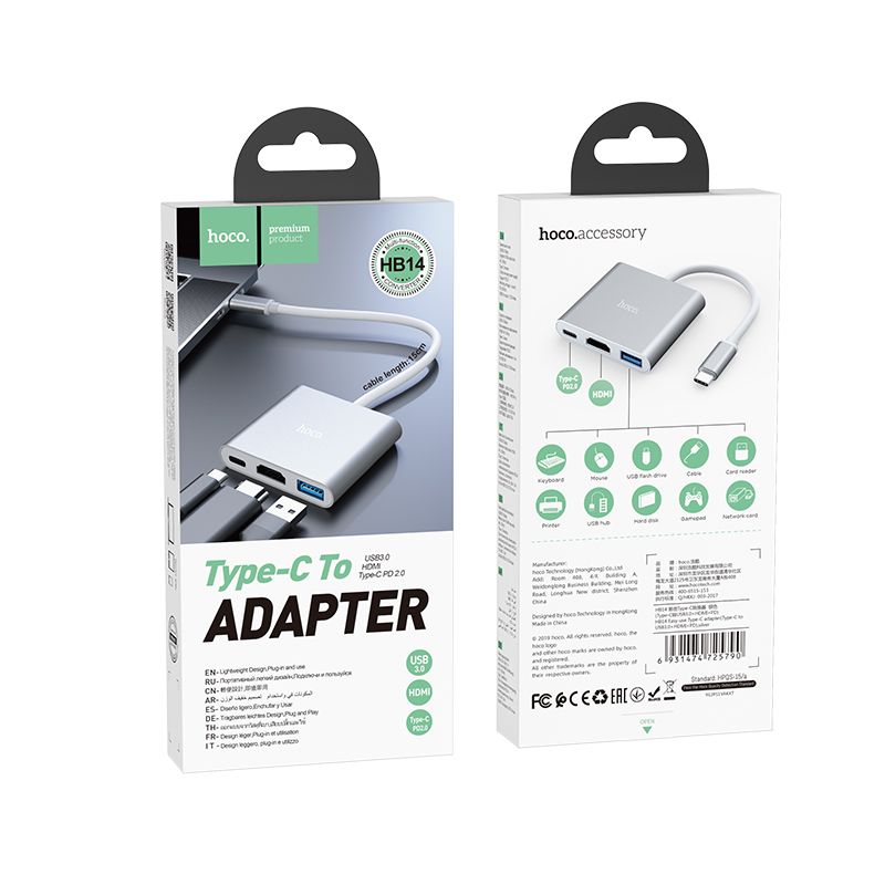 HUB convertitore multiporte da Usb-C a HDMI, Usb-A 3.0, Usb-c | HOCO HB14 - immagine 2